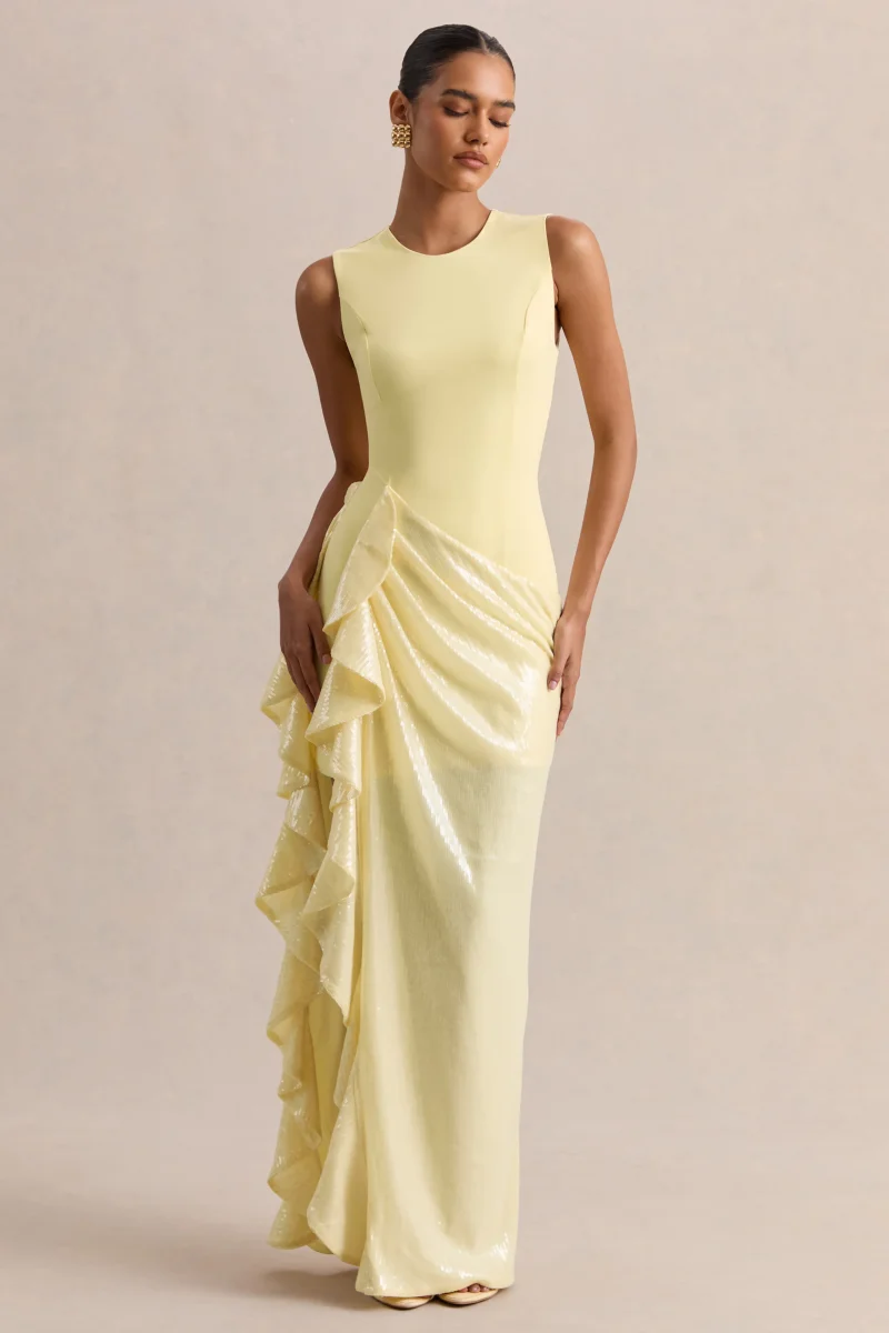 Ada | Vestido Largo Limón Con Escote Redondo, Falda Translúcida Y Detalle De Volantes - Imagen 6