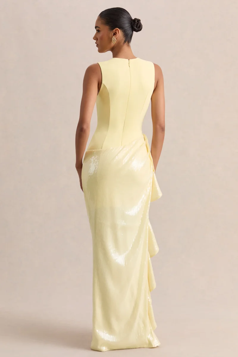 Ada | Vestido Largo Limón Con Escote Redondo, Falda Translúcida Y Detalle De Volantes - Imagen 3