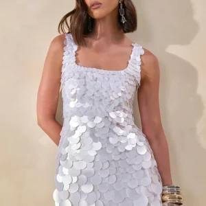 Sophia | Vestido Corto Blanco De Lentejuelas Con Escote Cuadrado
