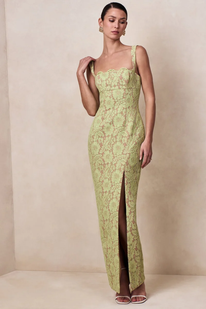Zarisse | Vestido Largo de Encaje Verde con Escote Cuadrado - Imagen 5