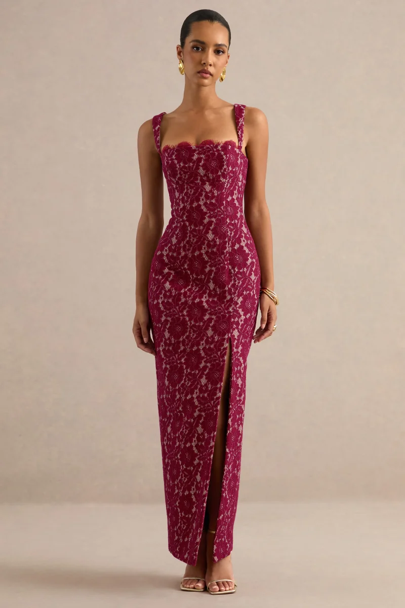 Zarisse | Vestido largo de encaje burdeos con escote cuadrado - Imagen 6