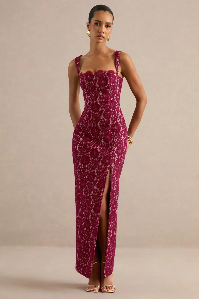 Zarisse | Vestido largo de encaje burdeos con escote cuadrado - Imagen 4