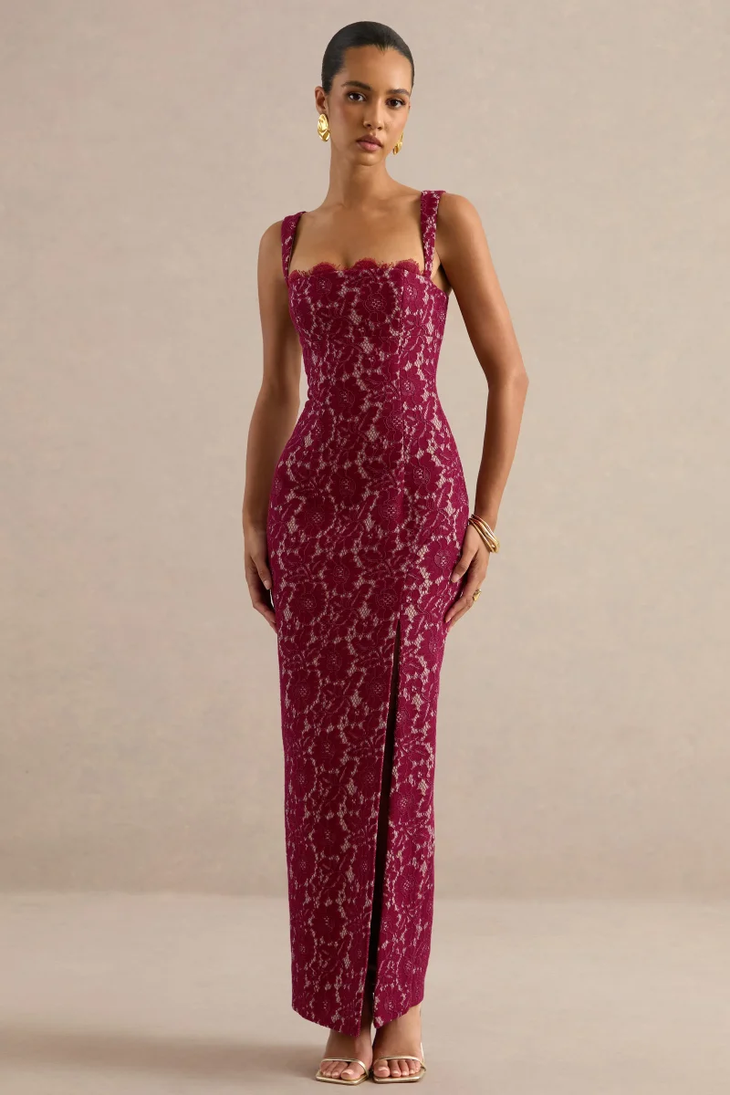 Zarisse | Vestido largo de encaje burdeos con escote cuadrado - Imagen 2