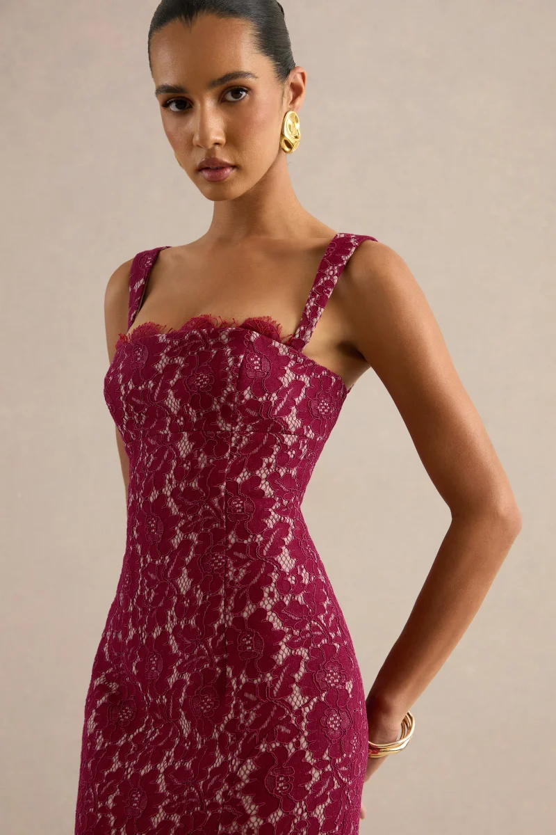 Zarisse | Vestido largo de encaje burdeos con escote cuadrado - Imagen 5