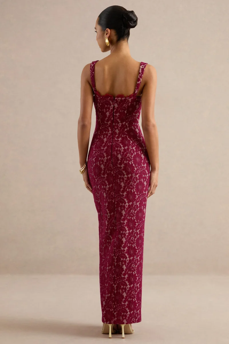Zarisse | Vestido largo de encaje burdeos con escote cuadrado - Imagen 3
