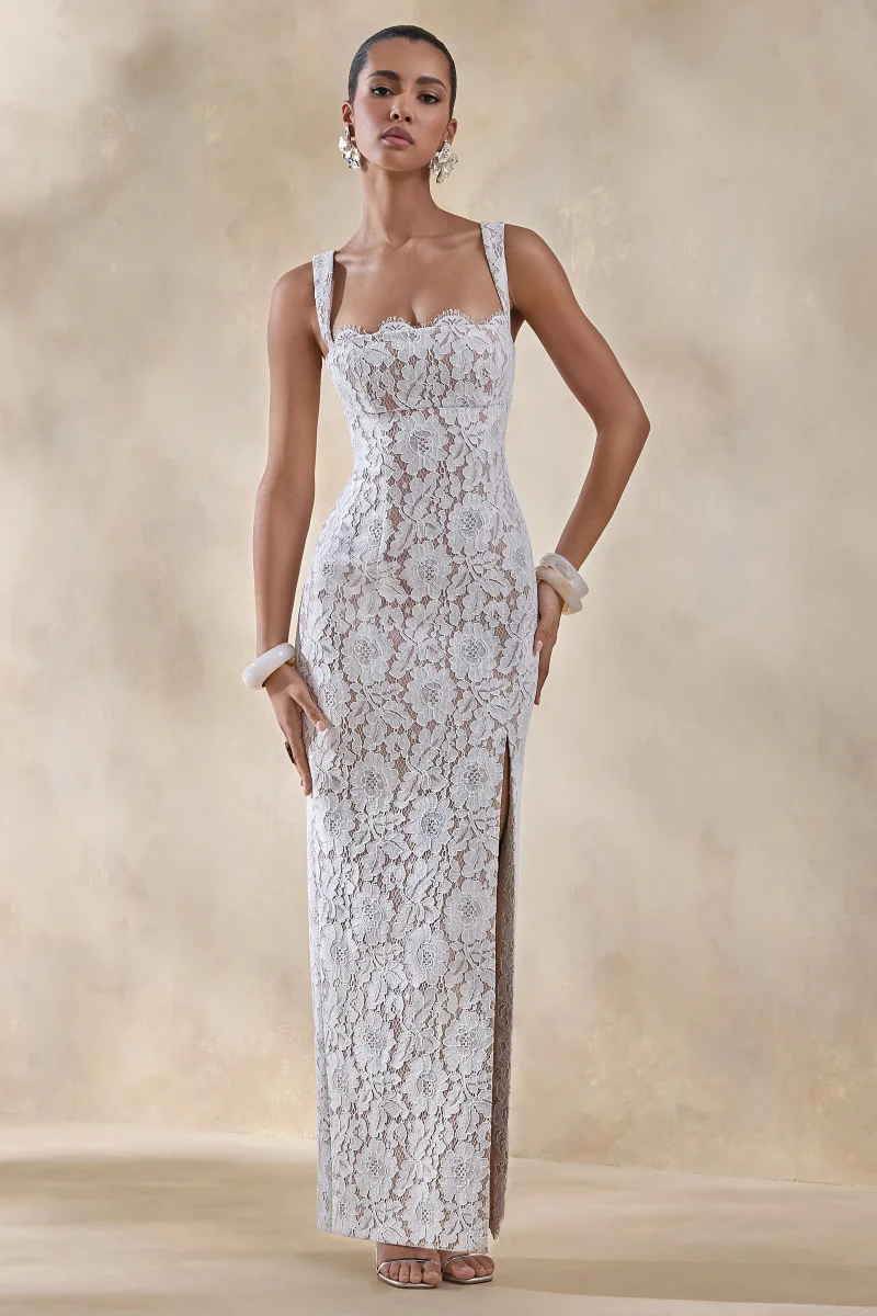 Zarisse | Vestido Largo de Encaje Blanco con Escote Cuadrado - Imagen 5