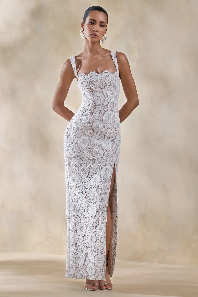 Zarisse | Vestido Largo de Encaje Blanco con Escote Cuadrado - Imagen 6