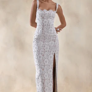 Zarisse | Vestido Largo de Encaje Blanco con Escote Cuadrado