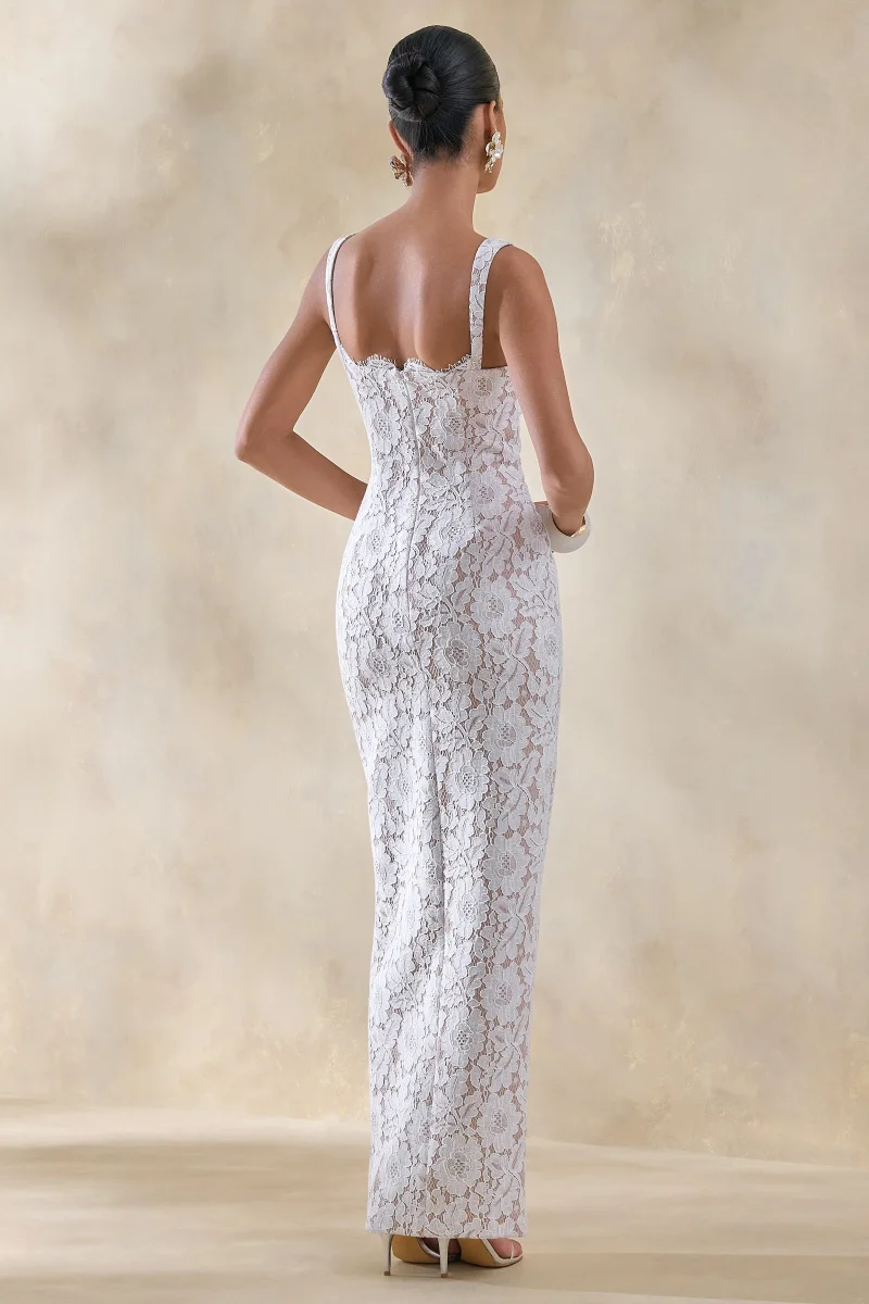 Zarisse | Vestido Largo de Encaje Blanco con Escote Cuadrado - Imagen 3