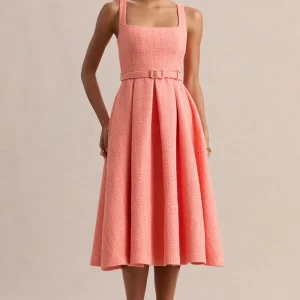 Camoria | Vestido Midi De Bouclé Coral Con Escote Cuadrado