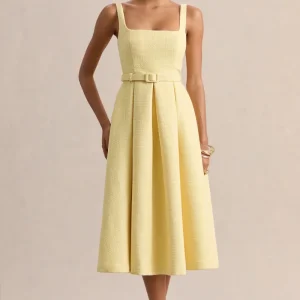 Camoria | Vestido Midi Amarillo Limón De Bouclé Con Escote Cuadrado Y Cinturón