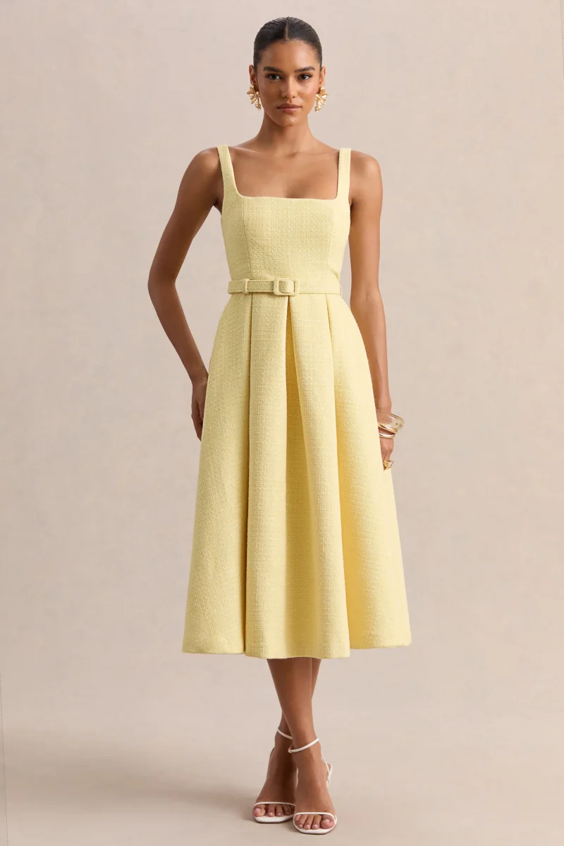 Camoria | Vestido Midi Amarillo Limón De Bouclé Con Escote Cuadrado Y Cinturón - Imagen 2