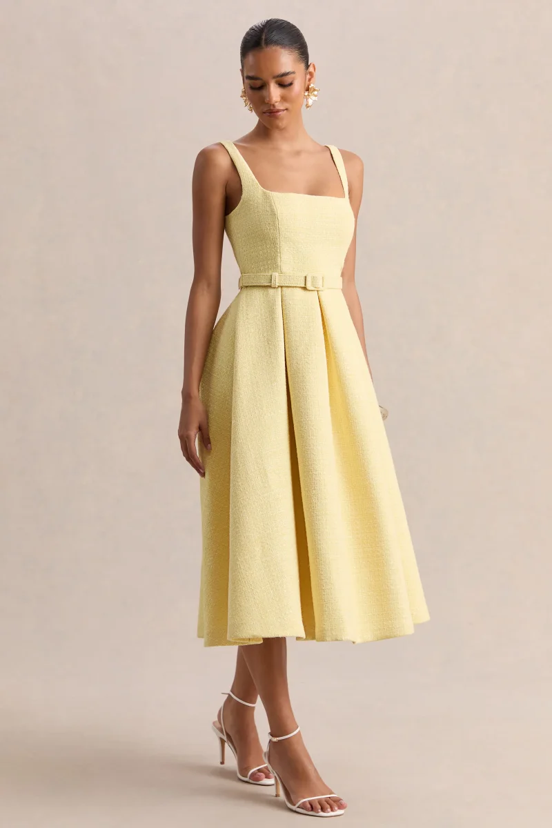 Camoria | Vestido Midi Amarillo Limón De Bouclé Con Escote Cuadrado Y Cinturón - Imagen 6