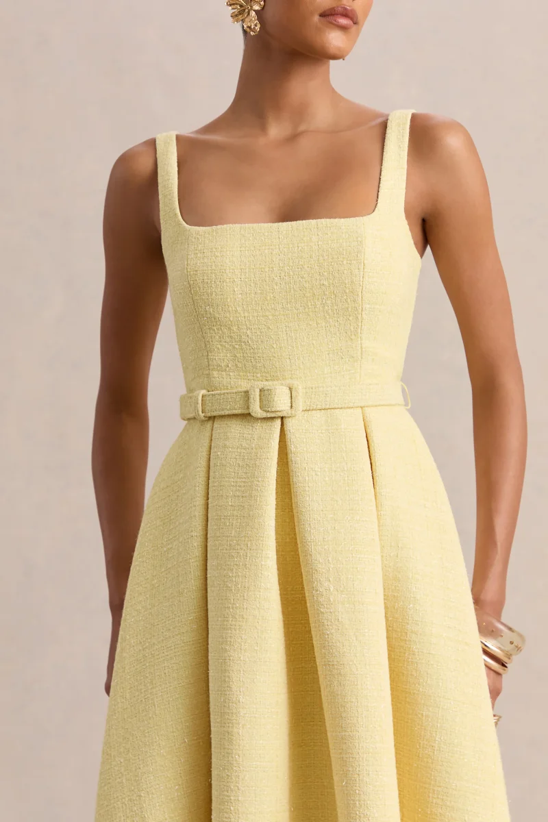 Camoria | Vestido Midi Amarillo Limón De Bouclé Con Escote Cuadrado Y Cinturón - Imagen 4