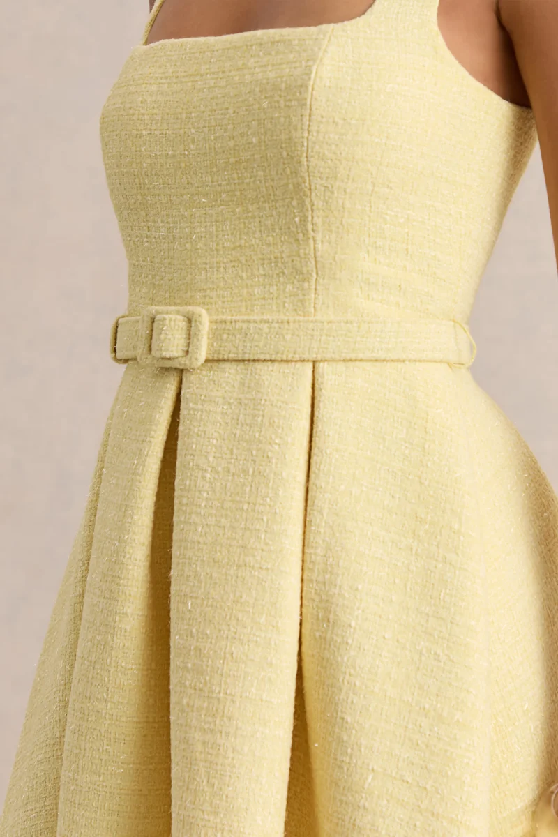 Camoria | Vestido Midi Amarillo Limón De Bouclé Con Escote Cuadrado Y Cinturón - Imagen 7
