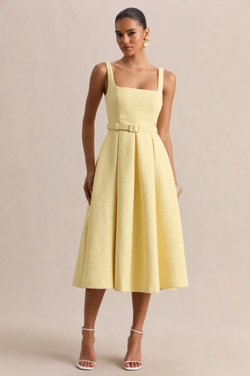 Camoria | Vestido Midi Amarillo Limón De Bouclé Con Escote Cuadrado Y Cinturón - Imagen 5