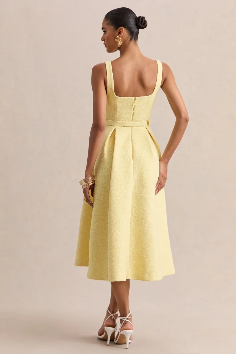 Camoria | Vestido Midi Amarillo Limón De Bouclé Con Escote Cuadrado Y Cinturón - Imagen 3