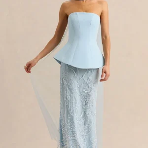Lorna | Vestido Largo bandeau azul empolvado con pañuelo