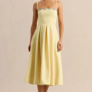 Evoria | Vestido Midi Limón de Escote Cuadrado Festoneado