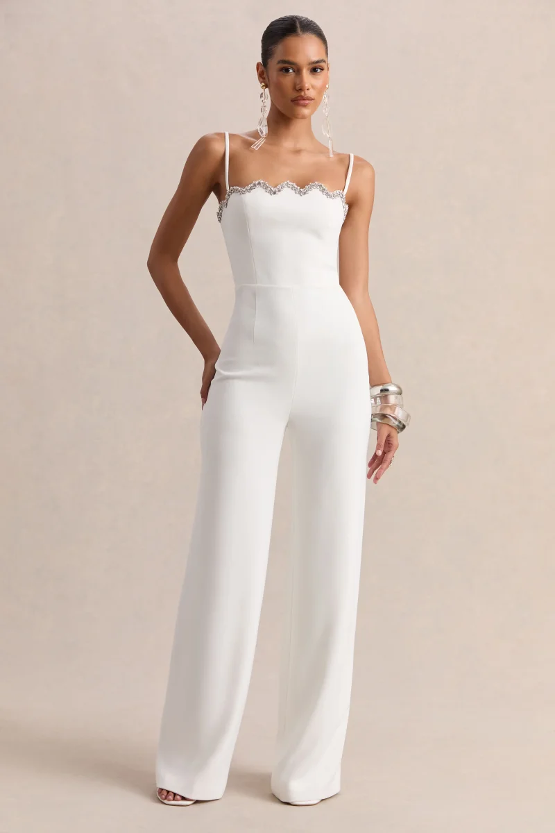 Calira | Mono Blanco Con Escote Cuadrado Y Detalle Ondulado - Imagen 2
