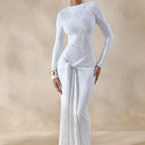 Evangela | Vestido Largo de Encaje Blanco con Escote Redondo y Detalle Anudado