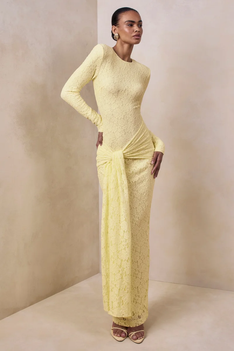 Evangela | Vestido Largo de Encaje Limón con Escote Redondo y Detalle Anudado - Imagen 6