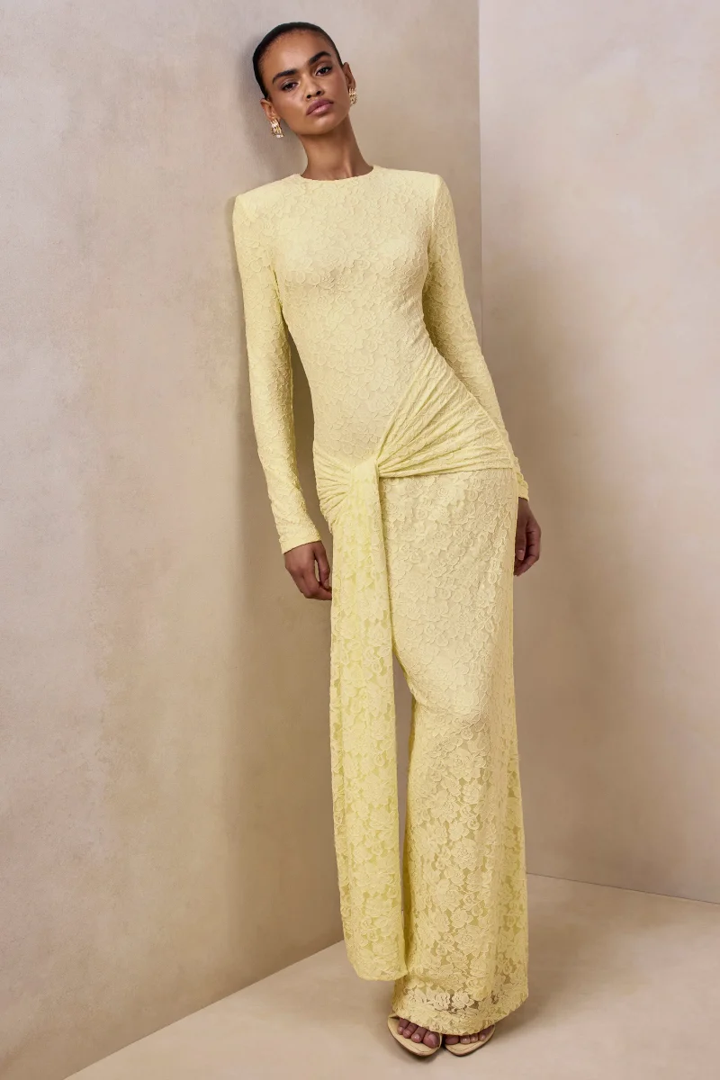 Evangela | Vestido Largo de Encaje Limón con Escote Redondo y Detalle Anudado - Imagen 5