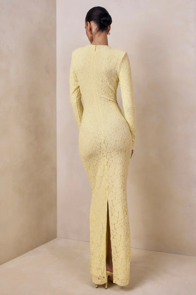 Evangela | Vestido Largo de Encaje Limón con Escote Redondo y Detalle Anudado - Imagen 3