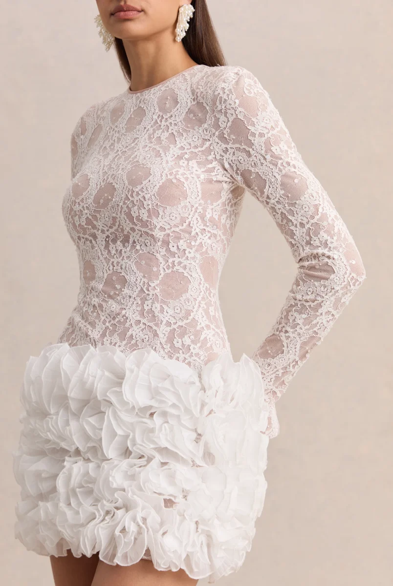 Cecilia | Vestido Corto Blanco de Cuello Redondo con Falda de Volantes - Imagen 5
