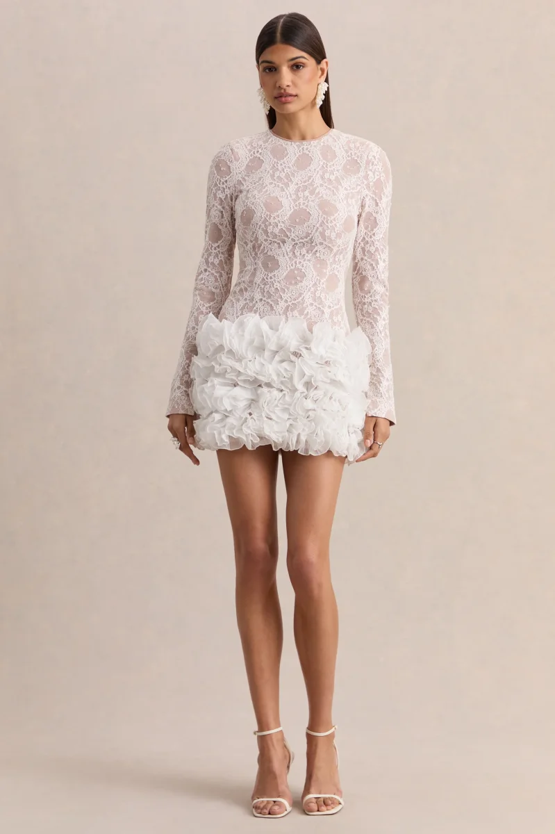 Cecilia | Vestido Corto Blanco de Cuello Redondo con Falda de Volantes - Imagen 7
