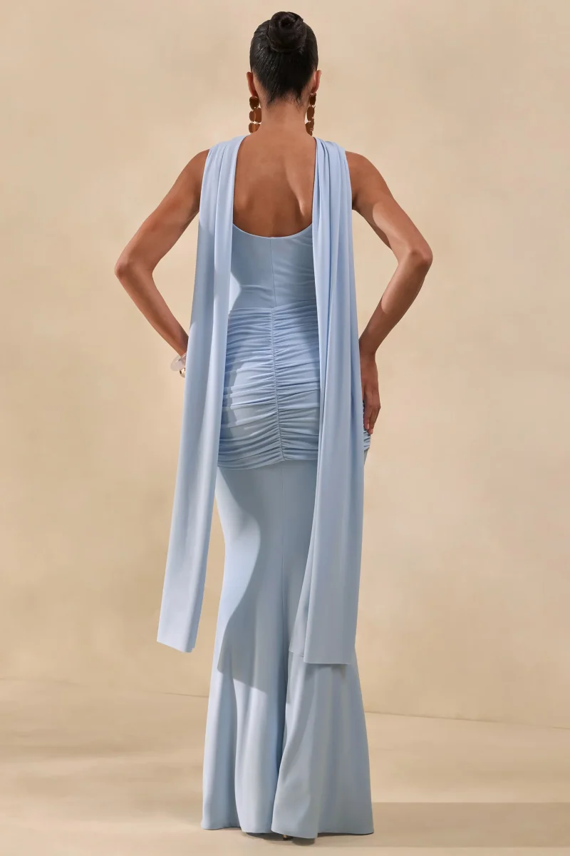 Solyra | Vestido Largo Azul Polvo De Cuello Cuadrado Con Faja Y Detalle Capa - Imagen 3