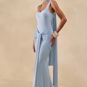 Solyra | Vestido Largo Azul Polvo De Cuello Cuadrado Con Faja Y Detalle Capa