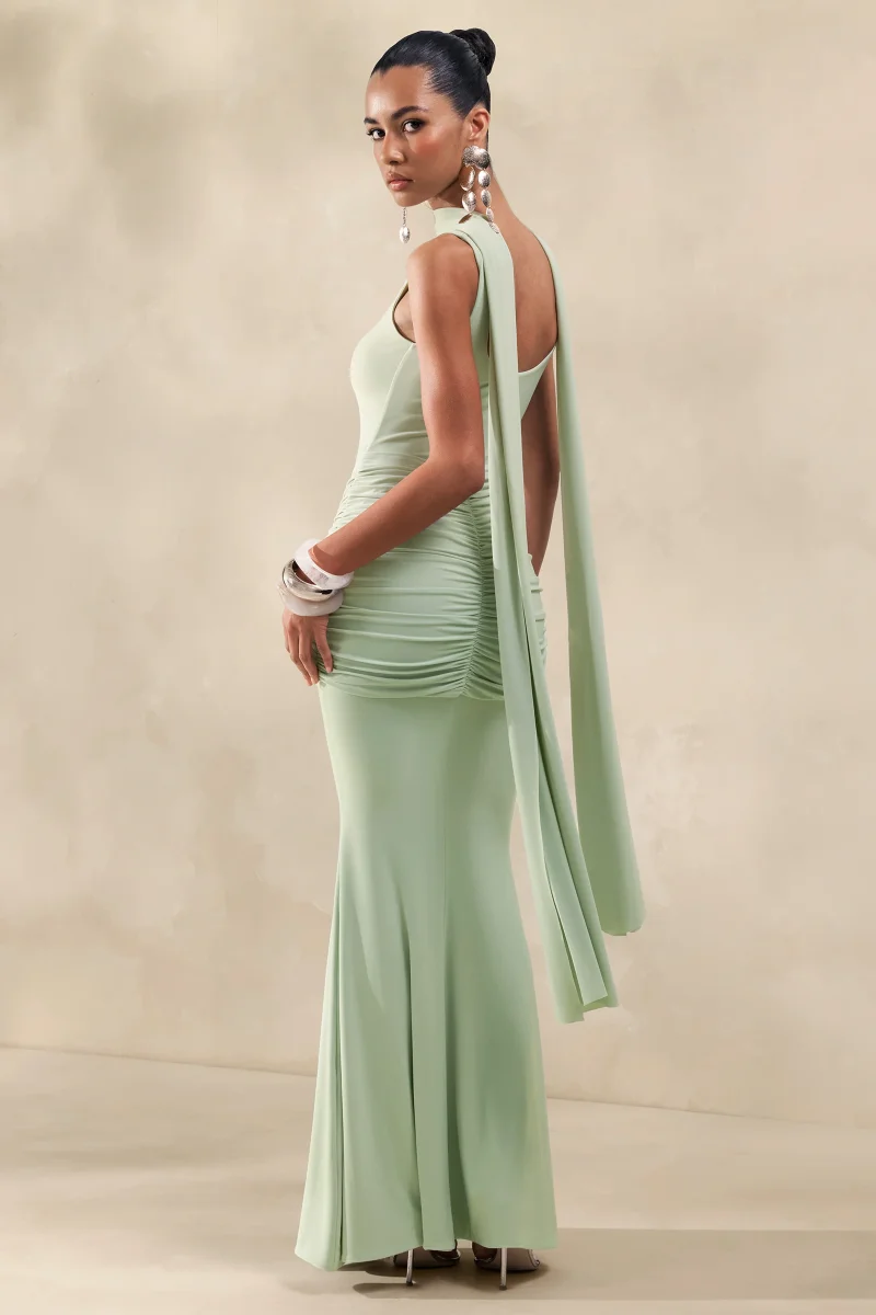 Solyra | Vestido Largo Menta De Cuello Cuadrado Con Faja Y Detalle Capa - Imagen 3