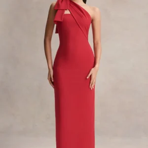 Adara | Vestido Largo Rojo con Escote Asimétrico y Detalle de Lazo