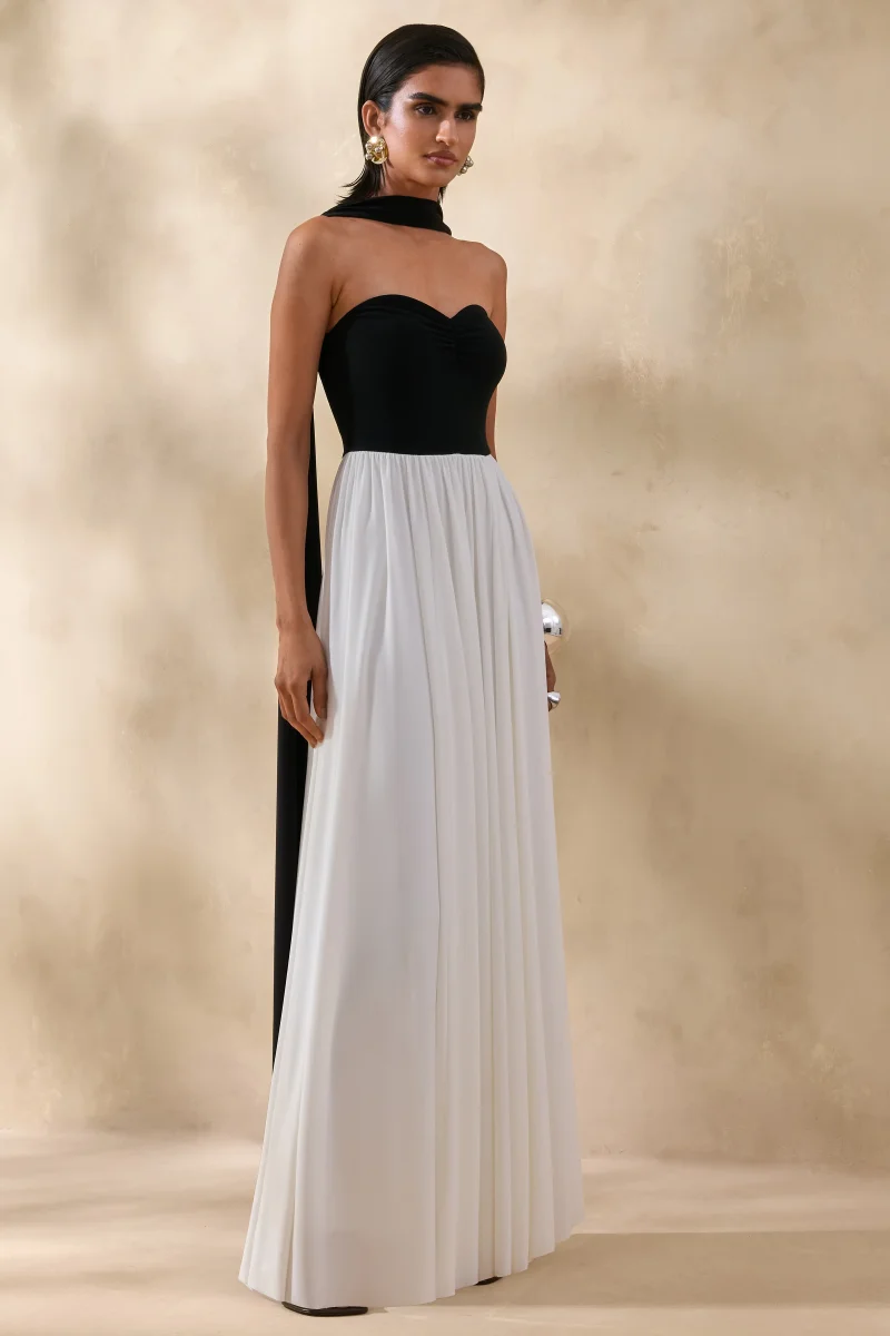 Beamora | Negro & Blanco Bandeau Vestido Largo con Capa