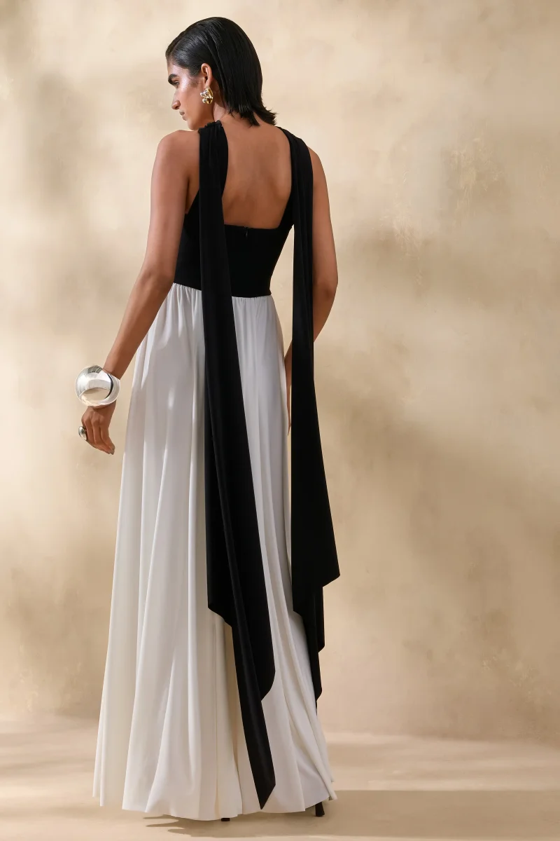 Beamora | Negro & Blanco Bandeau Vestido Largo con Capa - Imagen 3