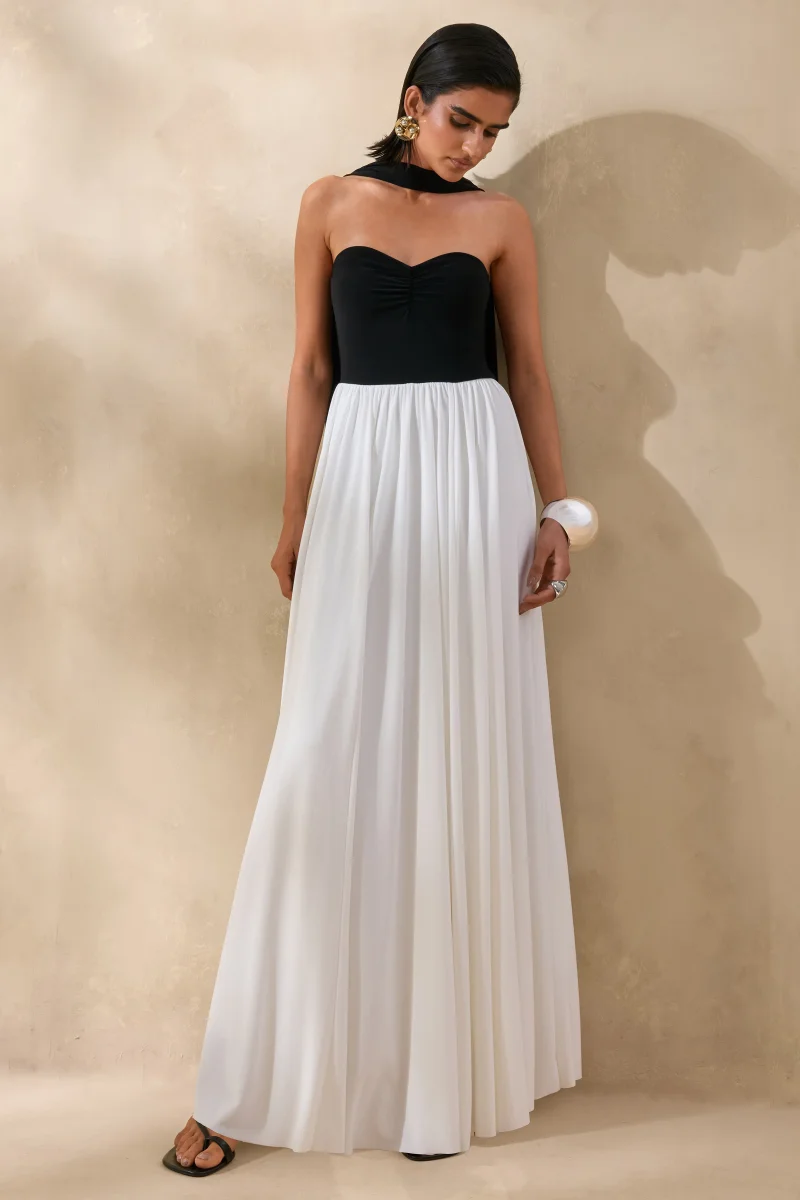 Beamora | Negro & Blanco Bandeau Vestido Largo con Capa - Imagen 4