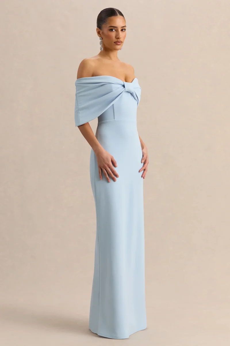 Agatha | Vestido Largo Azul celeste Bow de Escote Bardot - Imagen 5