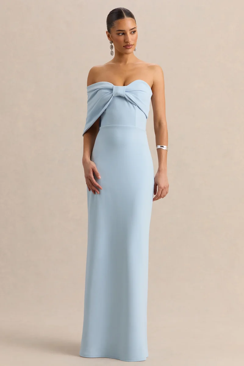 Agatha | Vestido Largo Azul celeste Bow de Escote Bardot - Imagen 6