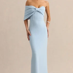 Agatha | Vestido Largo Azul celeste Bow de Escote Bardot