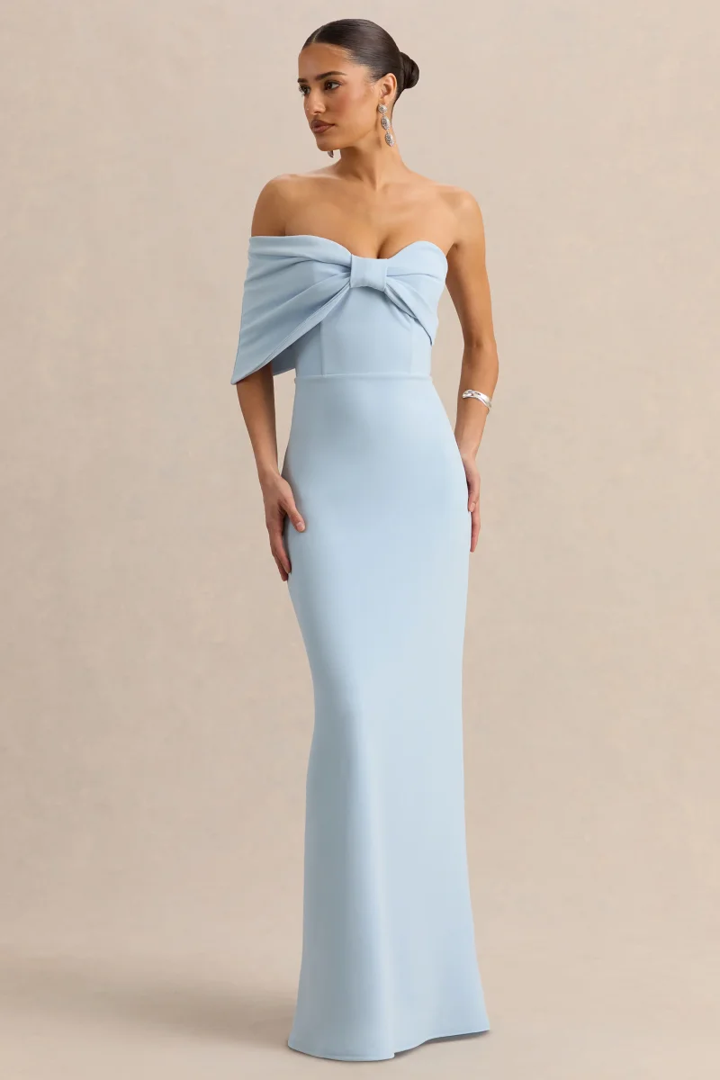 Agatha | Vestido Largo Azul celeste Bow de Escote Bardot - Imagen 2