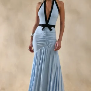 Cosmina | Azul Celeste Escote Pronunciado Vestido Largo con Detalle de Lazo