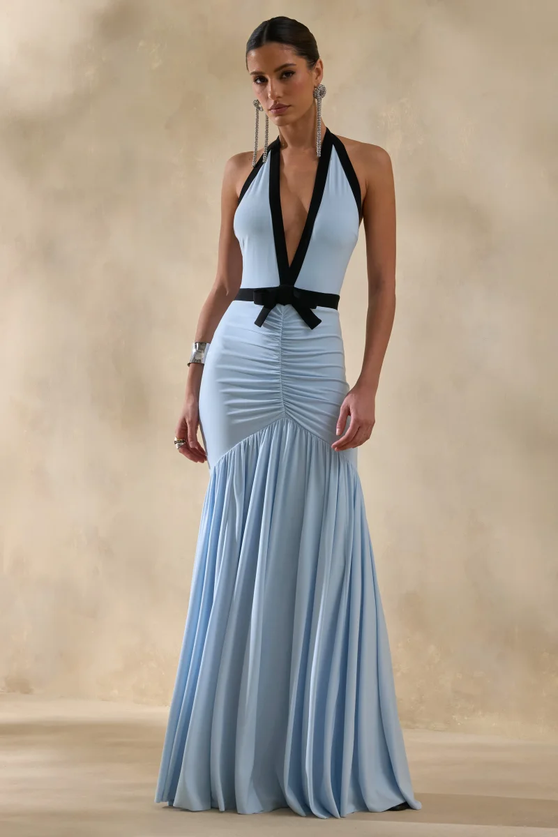 Cosmina | Azul Celeste Escote Pronunciado Vestido Largo con Detalle de Lazo - Imagen 2