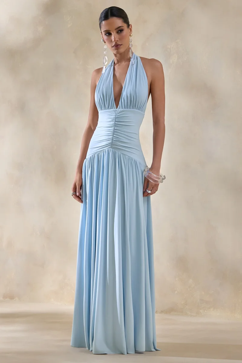 Bettina | Vestido largo azul polvo con escote profundo y detalles fruncidos - Imagen 4