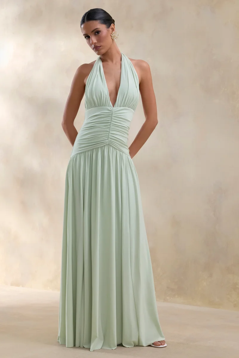 Bettina | Vestido Largo Verde Salvia Con Escote Pronunciado Y Detalles Fruncidos - Imagen 2