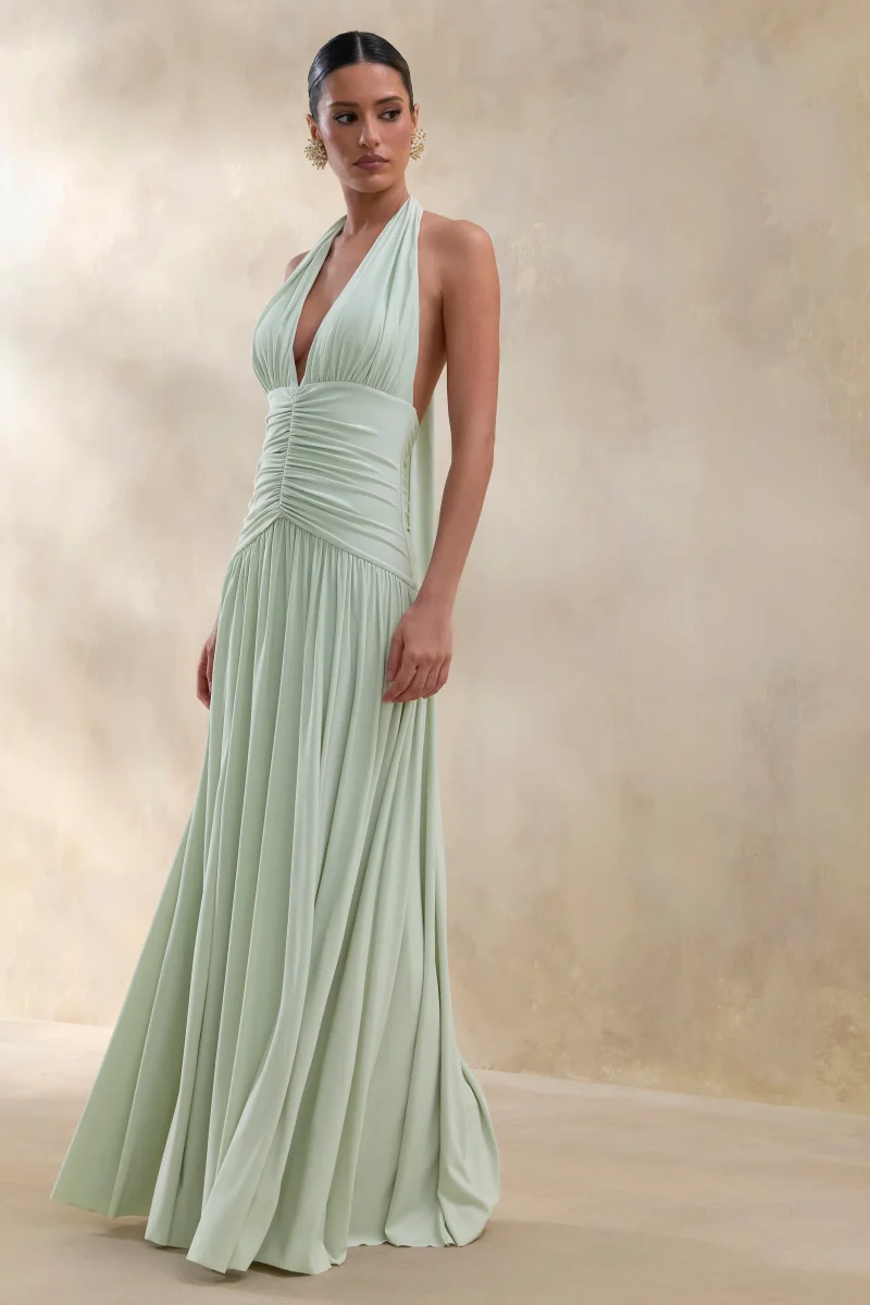 Bettina | Vestido Largo Verde Salvia Con Escote Pronunciado Y Detalles Fruncidos - Imagen 6