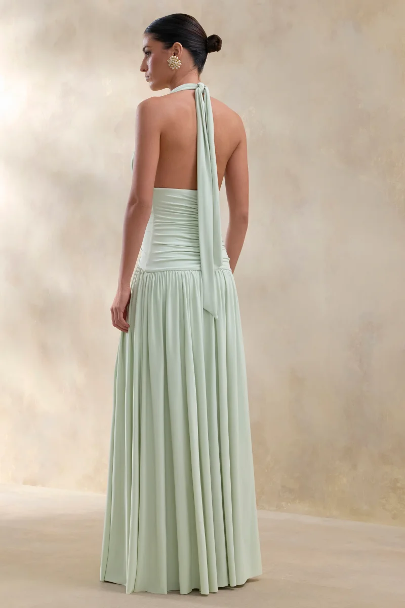 Bettina | Vestido Largo Verde Salvia Con Escote Pronunciado Y Detalles Fruncidos - Imagen 3