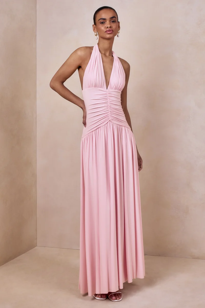 Bettina | Vestido largo rosa con escote pronunciado y detalles fruncidos