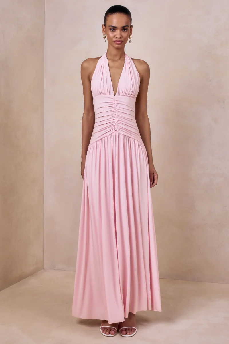 Bettina | Vestido largo rosa con escote pronunciado y detalles fruncidos - Imagen 4