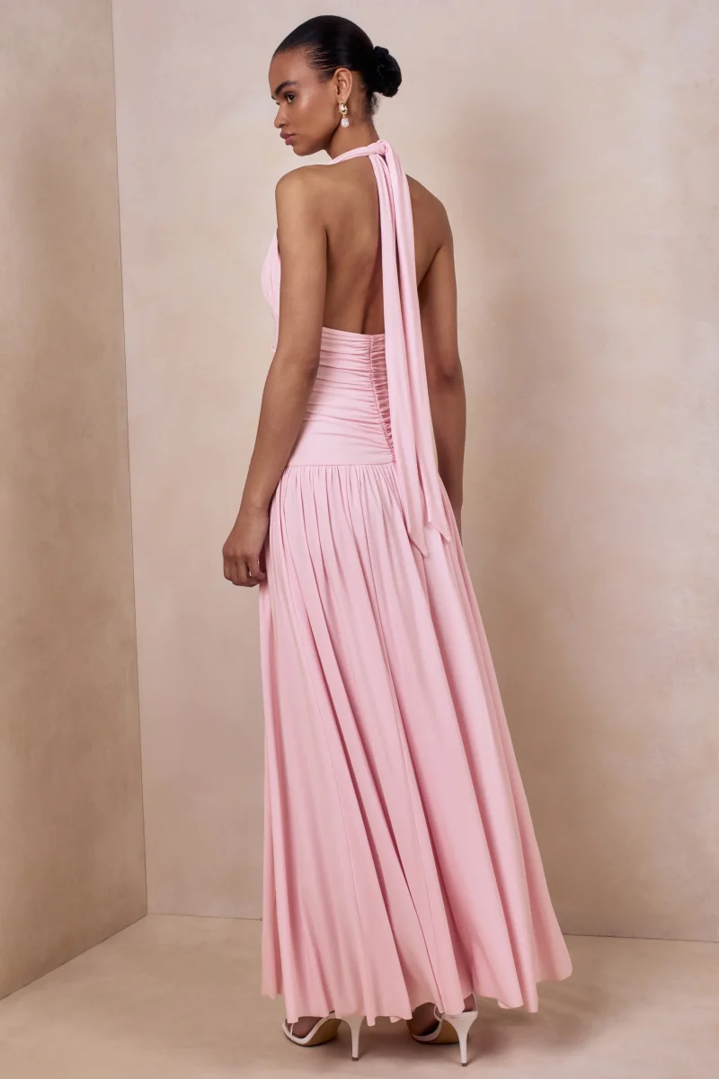 Bettina | Vestido largo rosa con escote pronunciado y detalles fruncidos - Imagen 3